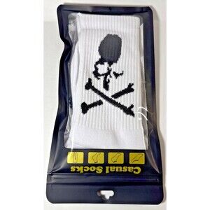 1 Pair Men Tube Crew Socks Calf  White One Size - Skull design - NEW